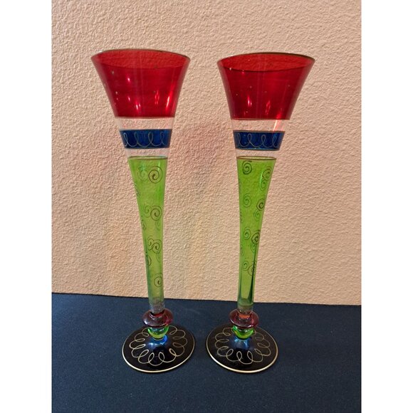 Set of 2 Pier One 10.75” Hollow Stem Glass Champagne Flutes Hand Painted/Blown - Picture 1 of 5